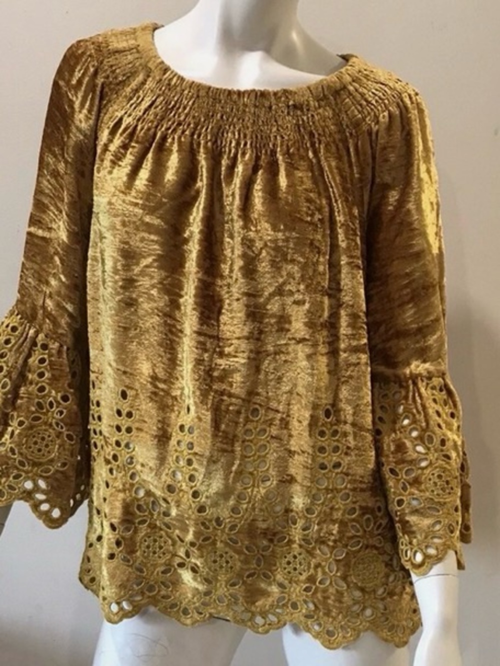 John Mark Women's Mustard Gold Velvet Eyelet Bell Sleeve Blouse - Picture 11 of 11